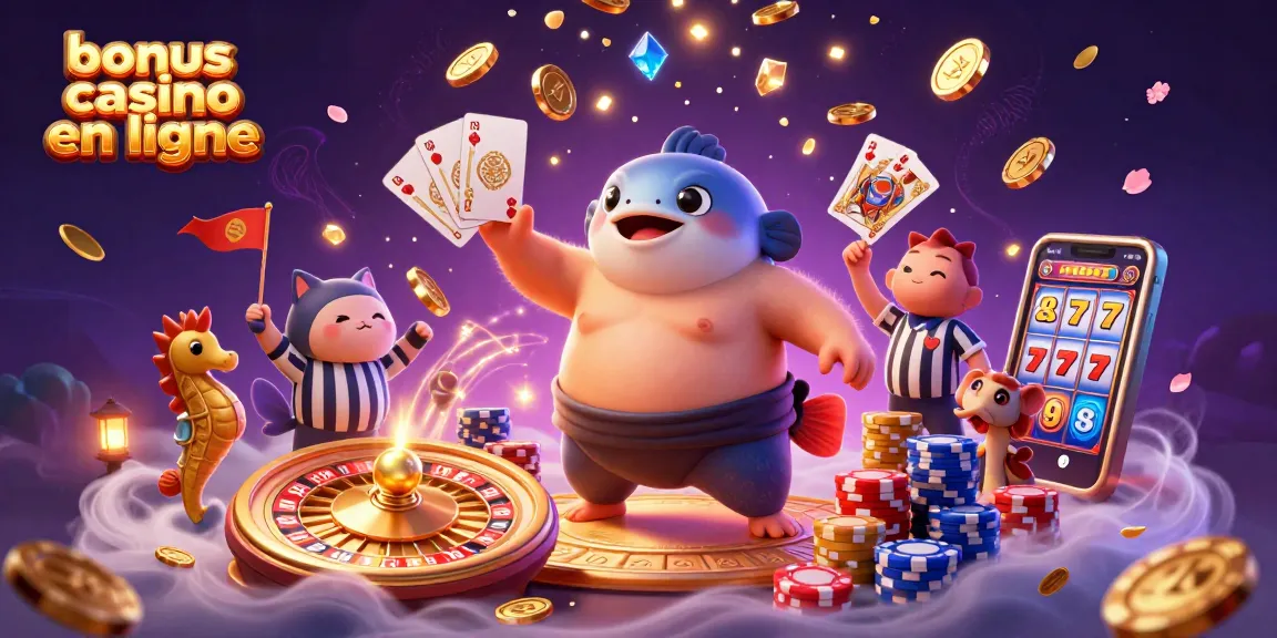 Collection de jeux captivants au bonus casino en ligne avec un fugu, un arbitre chat et des spectateurs en mer.