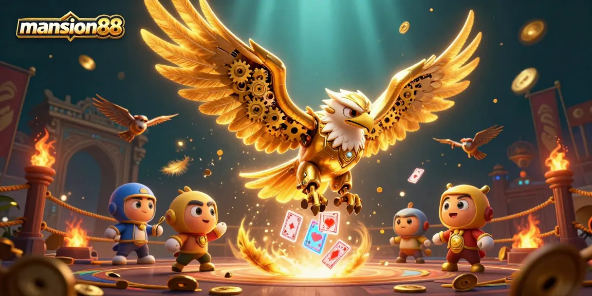 Experience the thrill of mansion88 with a cybernetic eagle soaring through a vibrant casino scene.