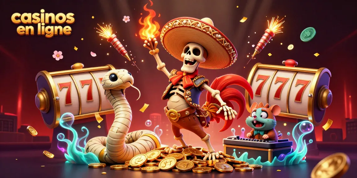 Vivez l'expérience des casinos en ligne avec une illustration dynamique de personnages amusants dans un cadre festif.