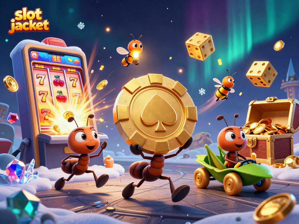 Engage with the ultimate slot jackpot adventure featuring cartoon ants and dynamic casino elements.