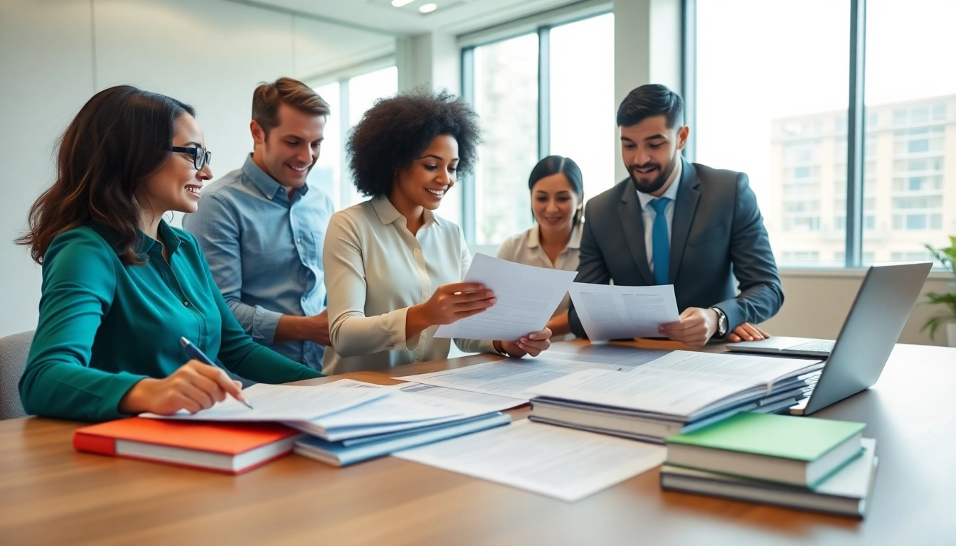 Team collaborating on Contract Management in a modern office setting with bright lighting.
