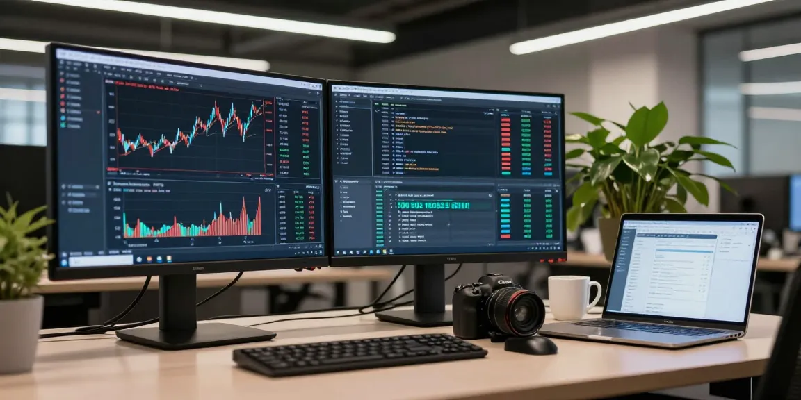 Developer utilizing the European blue chip stock API for real-time market analysis in a modern office.