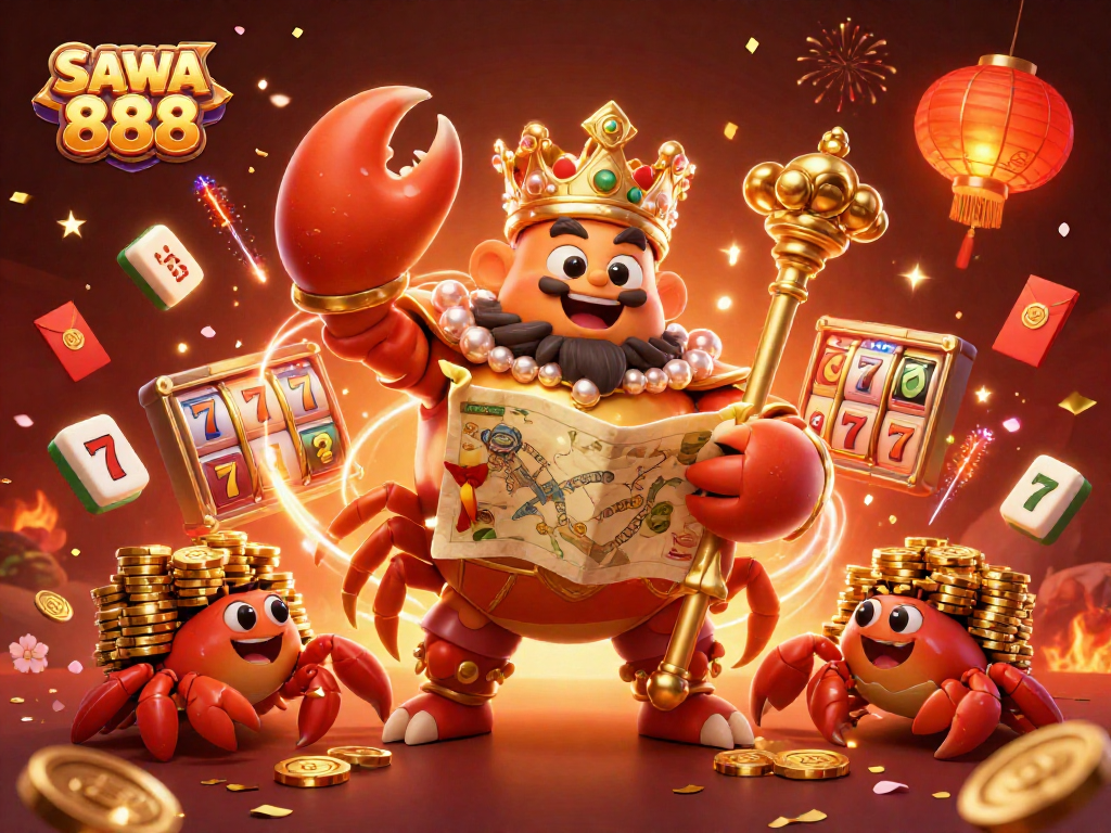 Experience excitement with SAWA 888 through an immersive 3D casino scene filled with treasures and lucky symbols.