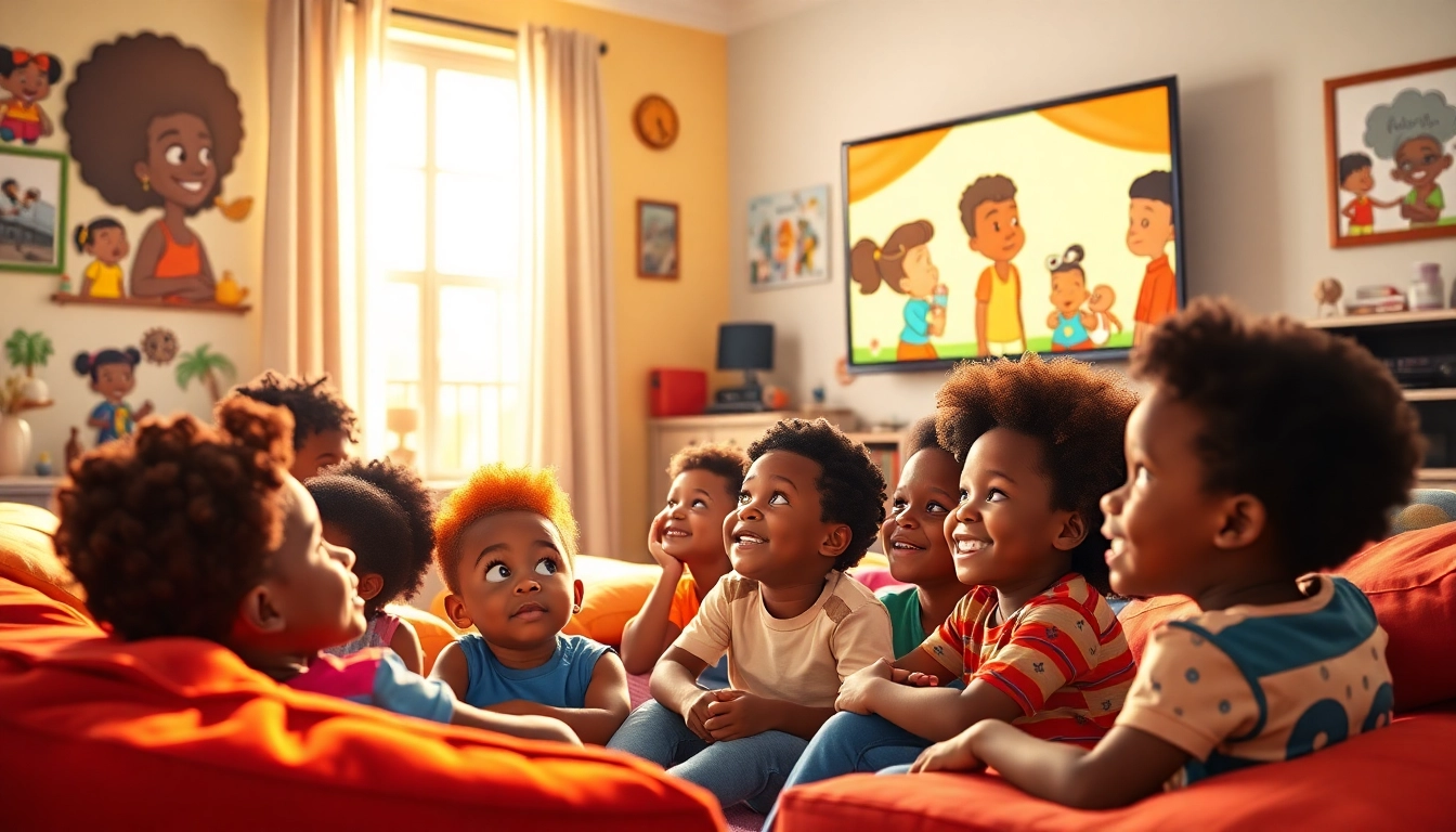 A diverse group of children enjoying African American cartoons in a colorful, vibrant room filled with animated decor.
