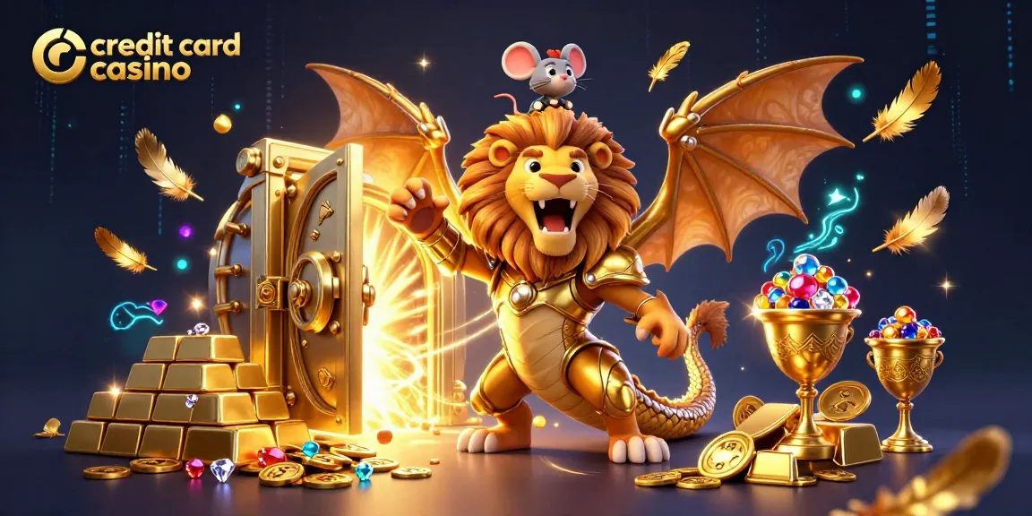 Engage in a thrilling credit card casino experience featuring a victorious chimera and dazzling treasures.