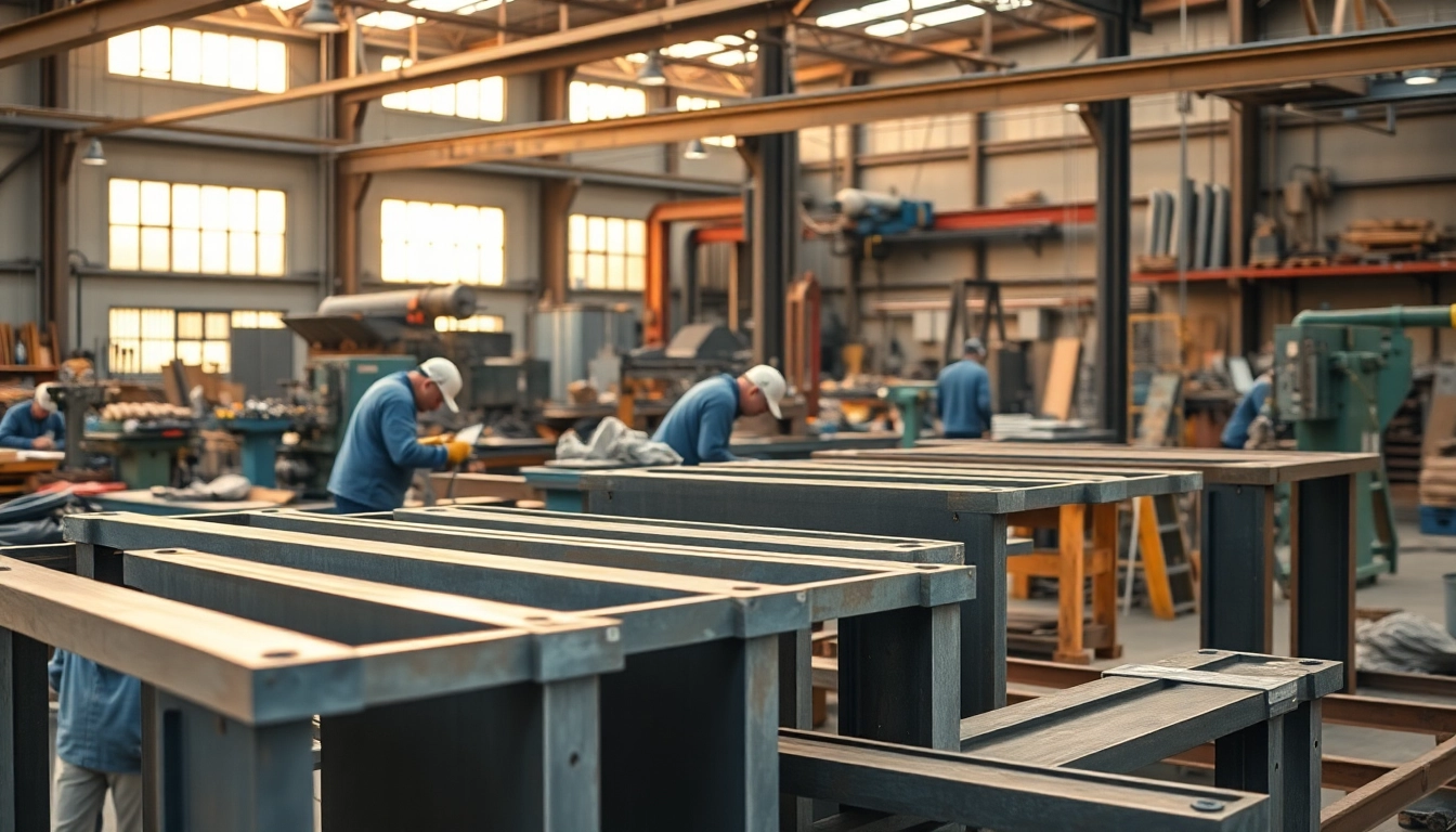 Displaying custom steel fabrication processes with expert craftsmen and finished metalwork in a bright workshop.