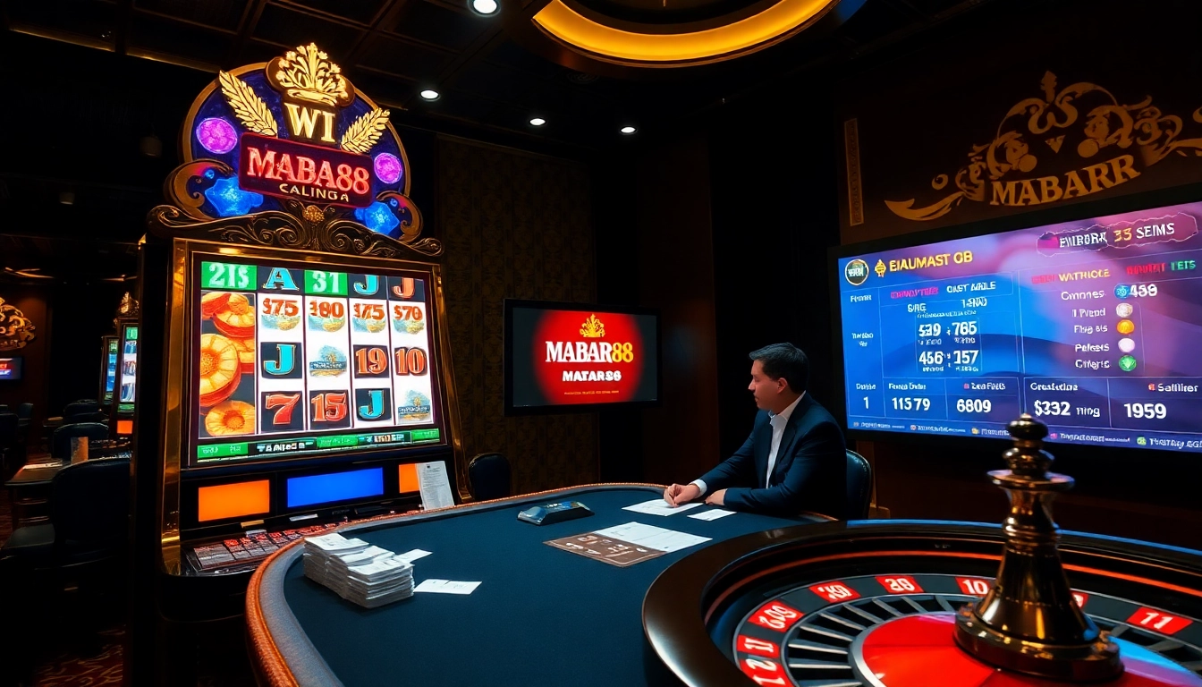 Kasino online MABAR88 dengan mesin slot berwarna-warni yang hidup dan dealer profesional di meja permainan.
