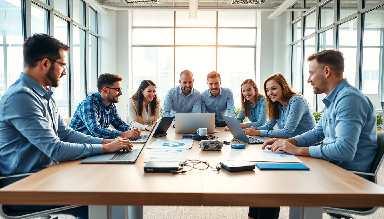 Engaged team providing managed IT services Lakeland in a vibrant office with laptops and charts.