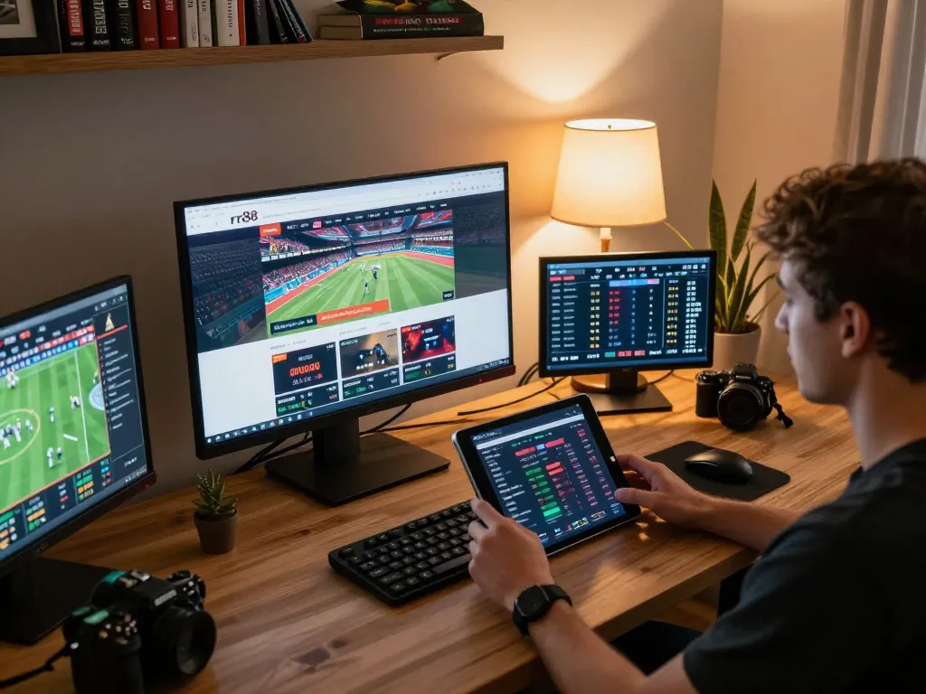 Person engaging on rr88 online casino site in a well-organized home gaming setup