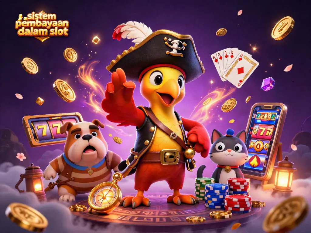 Menggenggam sistem pembayaran dalam slot dengan pusat perhatian gulungan slot, karakter kasino interaktif, dan elemen emas yang melimpah.