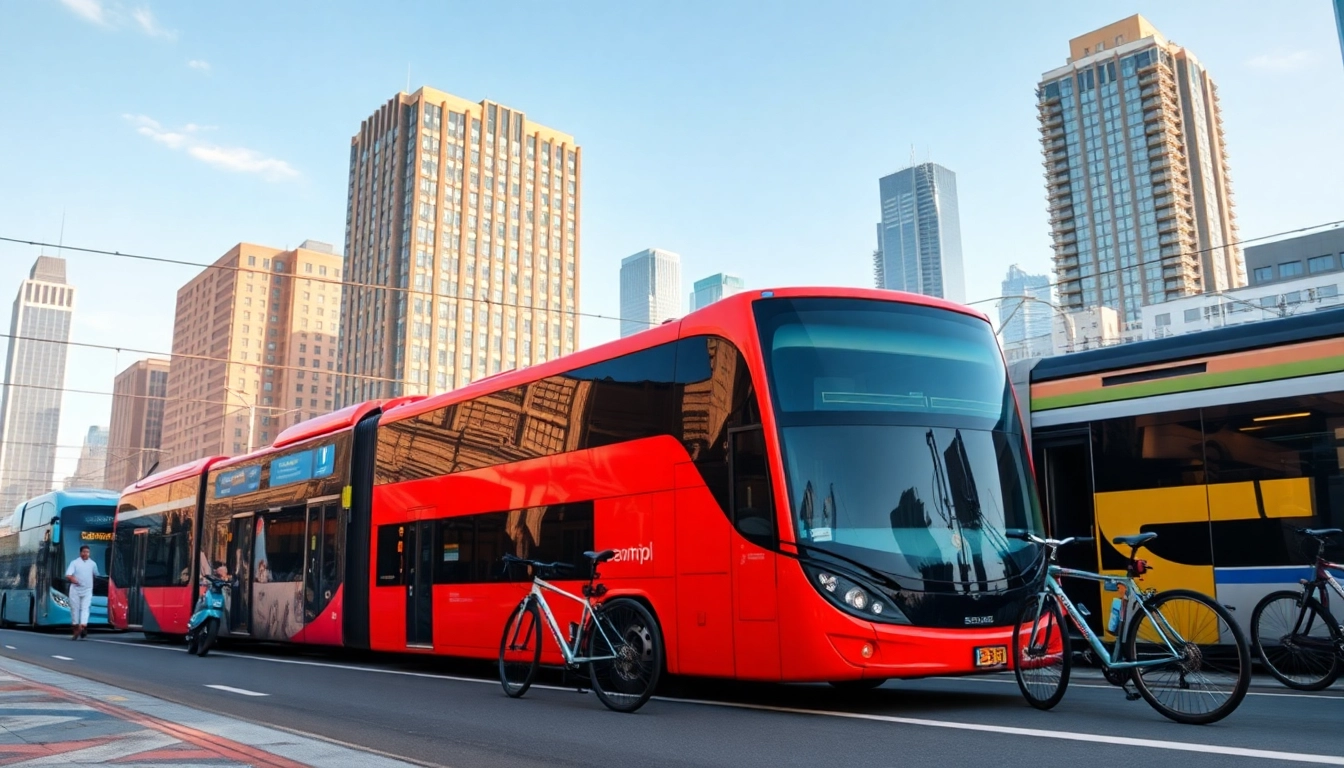 Transportation options depicting buses, trains, and bicycles in a busy urban area.