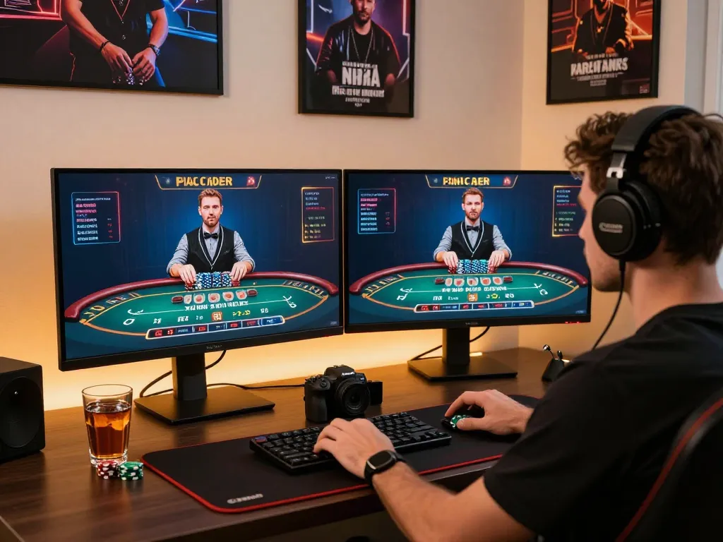 Player engaged in an online 바카라사이트 game in a stylish home office setup with gaming peripherals.
