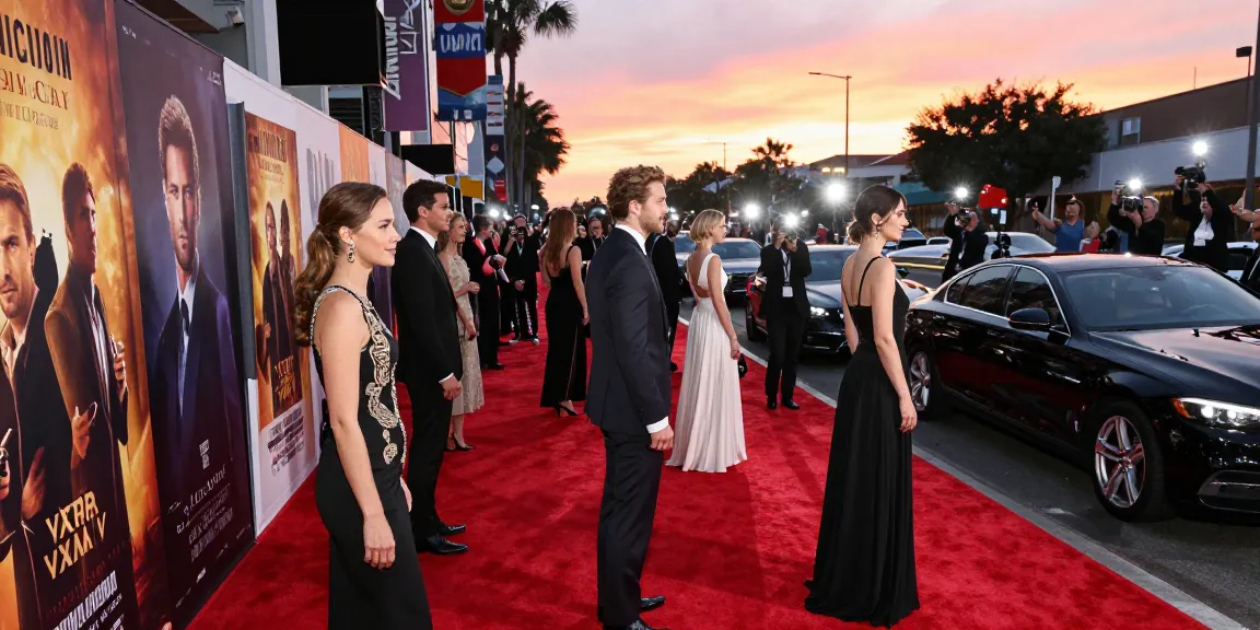 Dynamic Hollywood actor profiles and imagery at a film premiere, visual celebrity journalism capturing cinematic icons in the media.