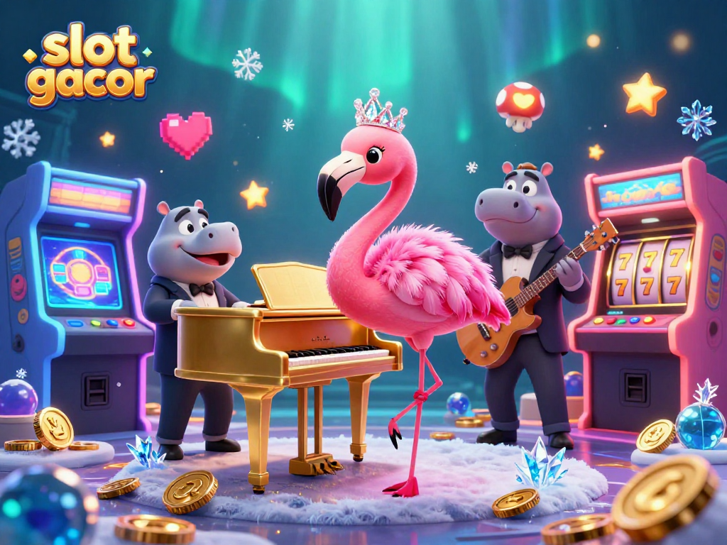 A vibrant scene showcasing "slot gacor" with a flamingo singer and hippo bassist in a lively casino atmosphere