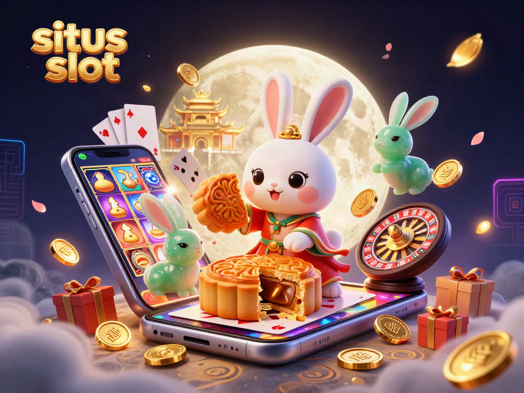 Experience thrill at situs slot with moon rabbit, poker chips, and vibrant gaming elements.