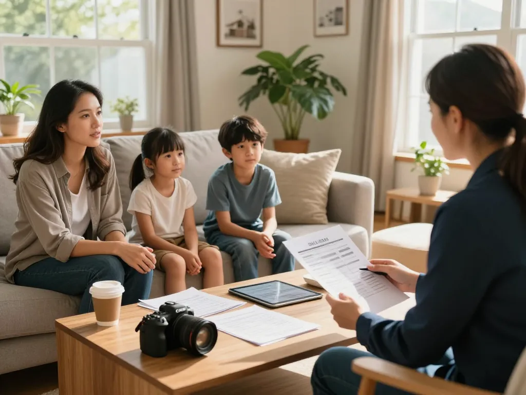 Cash home buyers discussing offers with a real estate agent in a cozy living room setting.