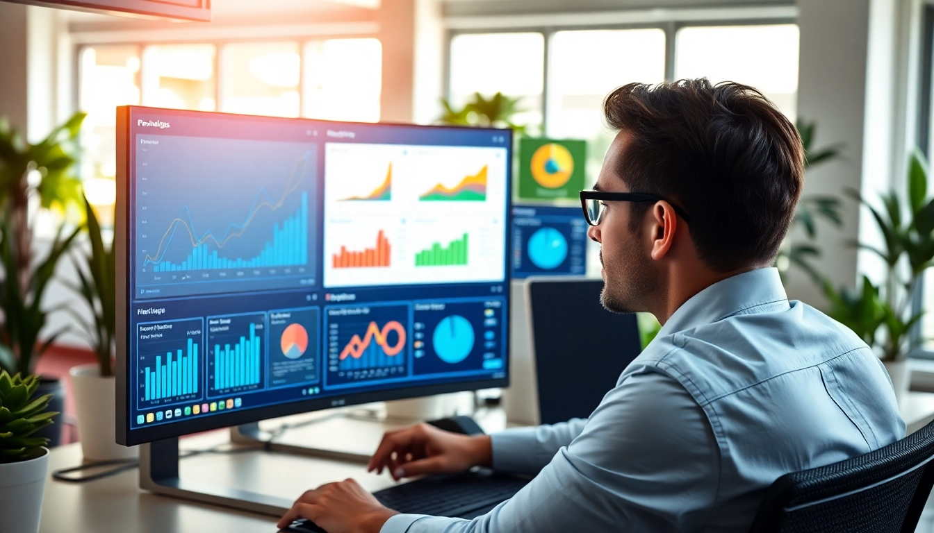 Analyze SEO performance metrics with vibrant analytics dashboard and modern office setup.
