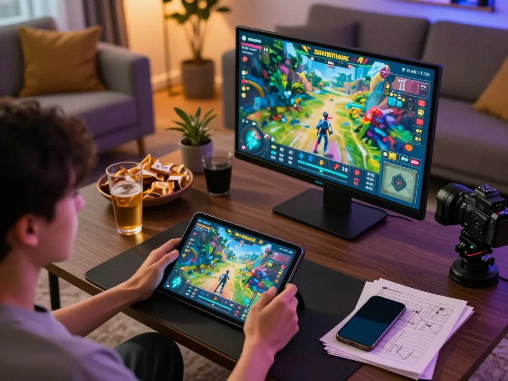 Engaging gameplay on sunwinapk with a vivid online gaming setup, highlighting strategy notes and snacks