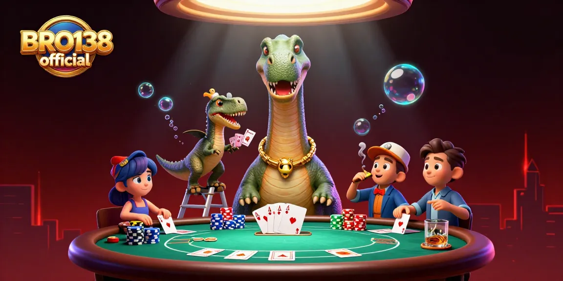 Experience BRO138 official with exciting poker action as dinosaurs deal cards in a vibrant casino setting.