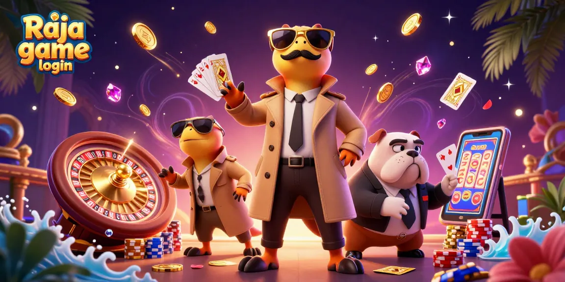 Engage with the vibrant Raja game login scene featuring colorful raptors in a casino entrance filled with dynamic gambling elements.