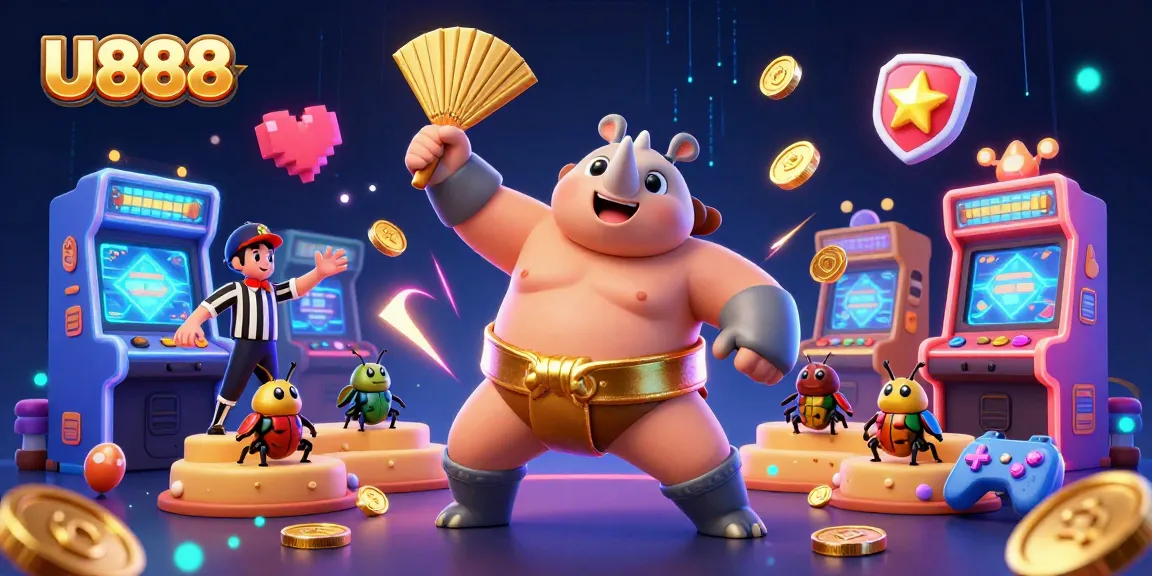 Experience thrilling moments at U888 with a grand sumo beetle champion amidst colorful casino elements.