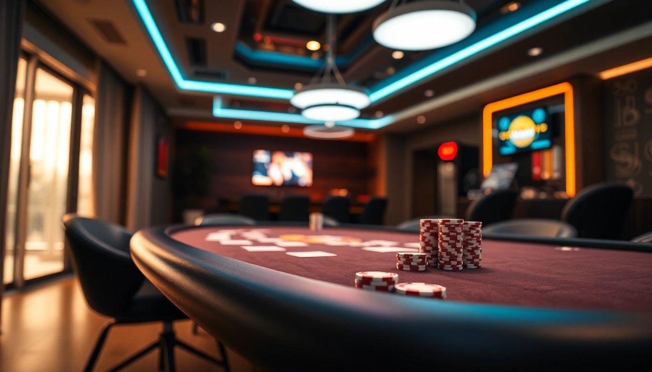 Engaging scene of Non gamstop Casino Uk with stylish poker table and vibrant atmosphere.