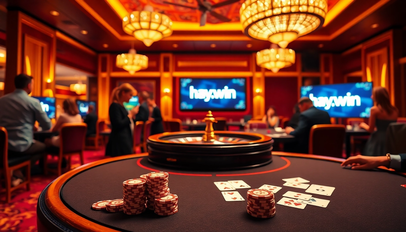 Experience the thrill of gaming as players engage at the hay.win poker table in a luxurious casino setting.