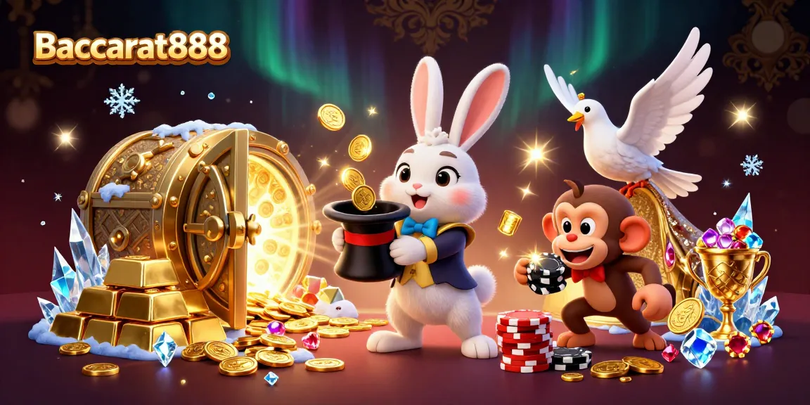 Baccarat888 showcases a whimsical scene with a magician, dove, and monkey among magical coins and treasures.