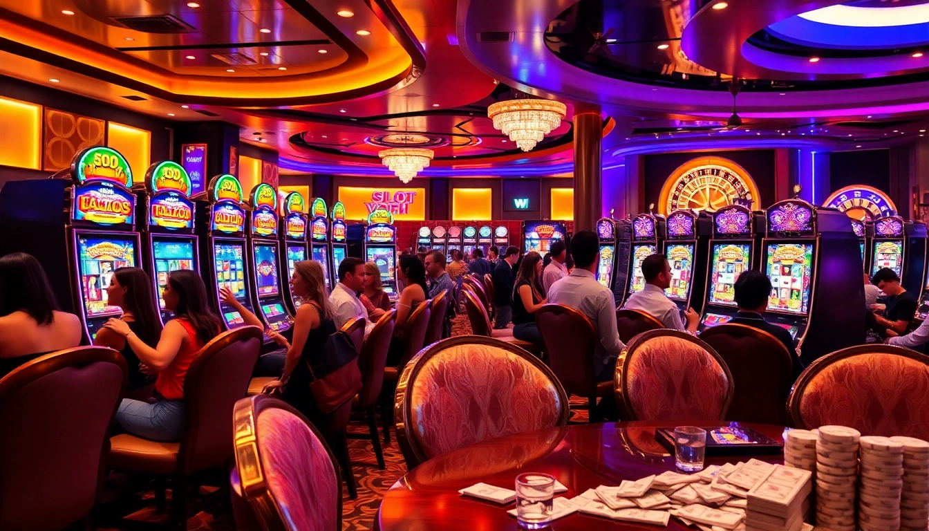 Pemain merayakan di slot Depo 1K, menampilkan mesin berwarna-warni dan suasana kasino yang mewah.