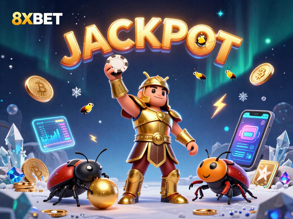 Experience the vibrant world of 8XBET with a playful beetle victory scene celebrating gaming and crypto.