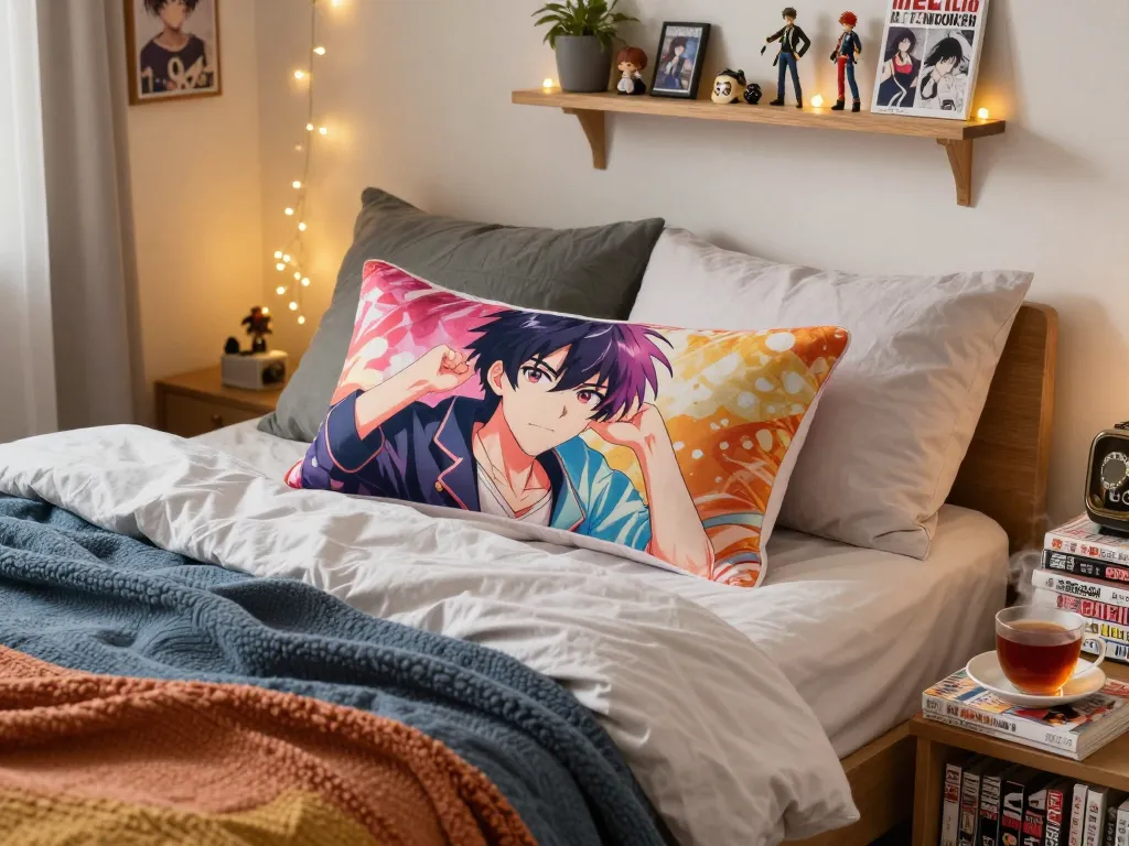 Vibrant custom body pillow displayed in a cozy bedroom, creating an inviting anime-themed atmosphere.