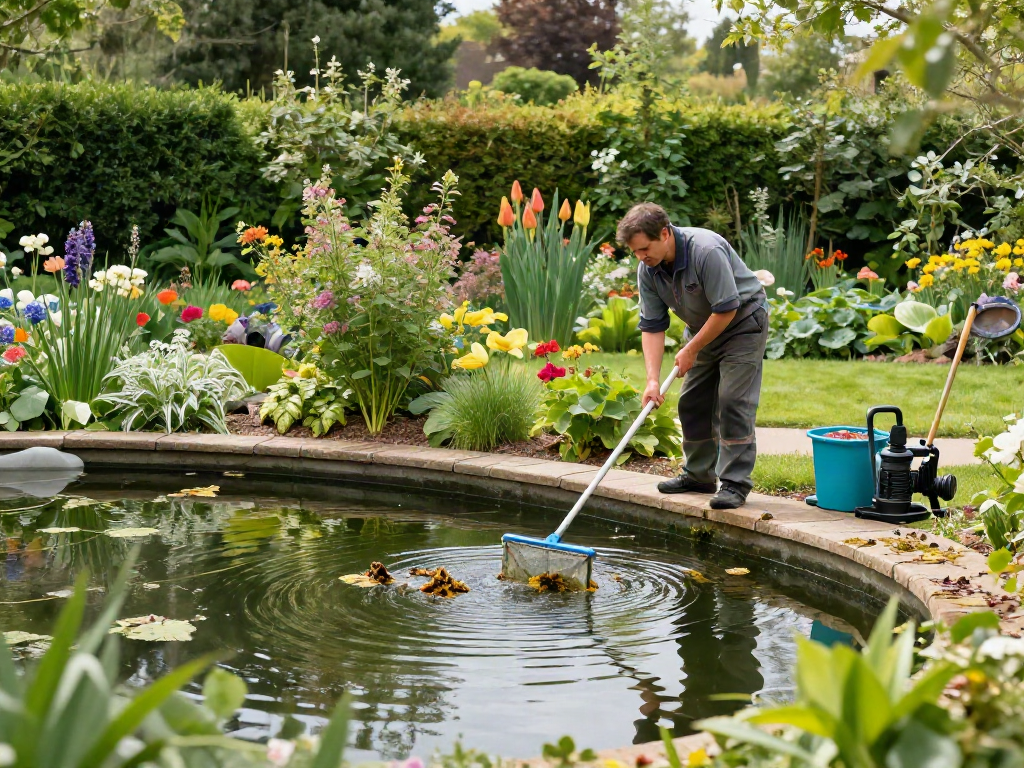 Pond Cleaning Surrey service in action, professional cleaner removing debris from a serene garden pond in Surrey.