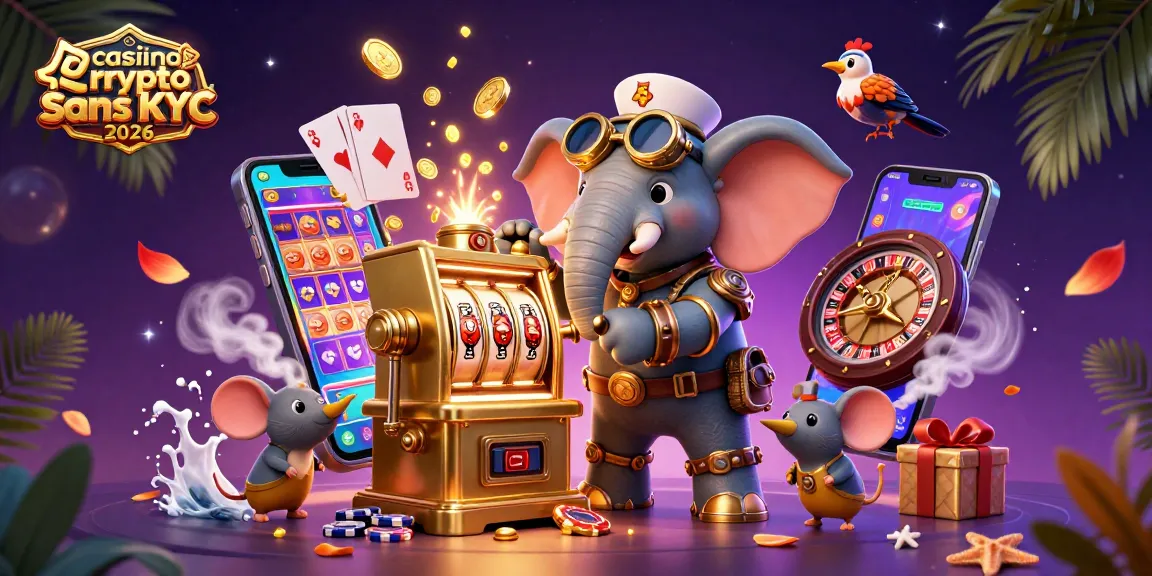 Illustration 3D casino crypto sans KYC 2026 avec un éléphant steampunk et des éléments de jeu animés