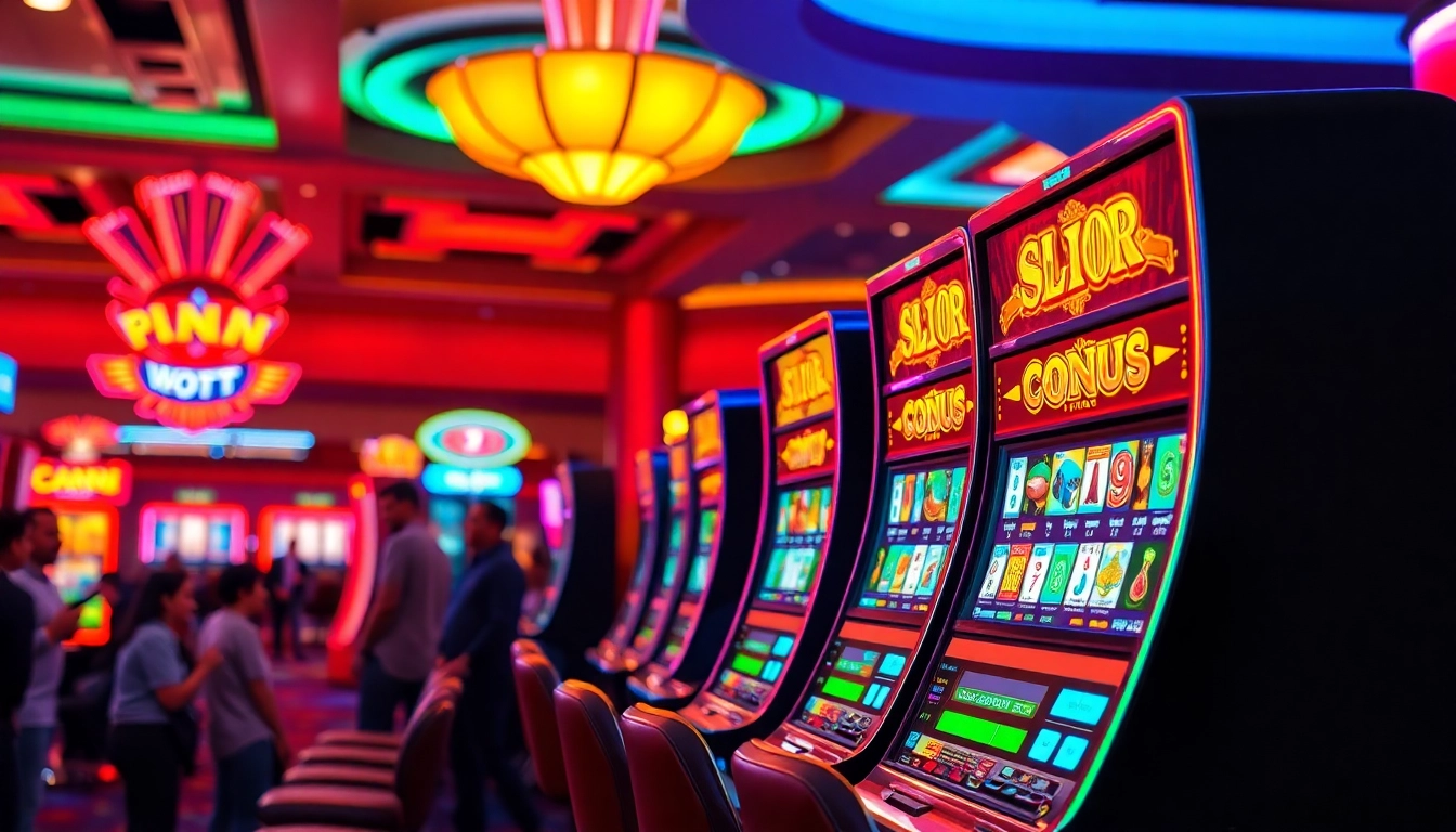 Slot77 mesin slot yang berwarna-warni dalam suasana kasino yang ramai.
