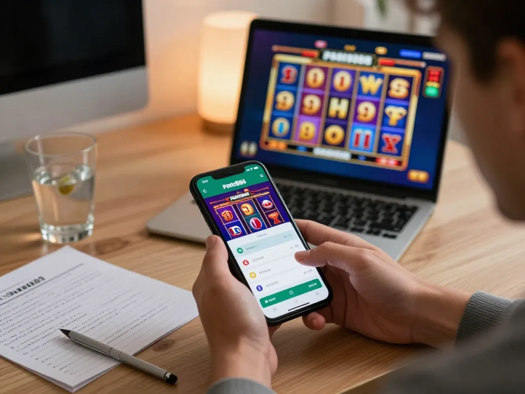 Experience thrilling gameplay on the Paris888 app while strategically betting in a modern home office.