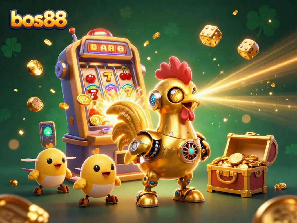 Bos88 melepaskan ledakan jackpot dari mesin slot berwarna-warni dengan robot ayam emas futuristik.