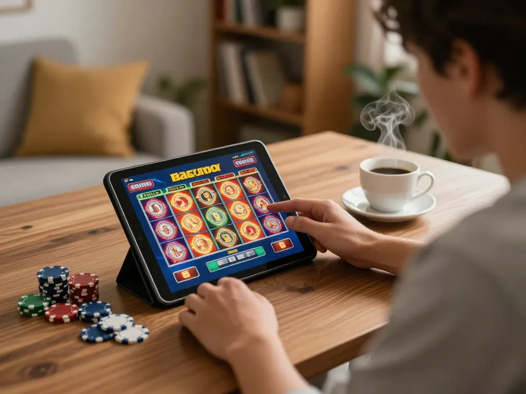 Engaged player enjoying slot gacor games on tablet in a cozy home setting