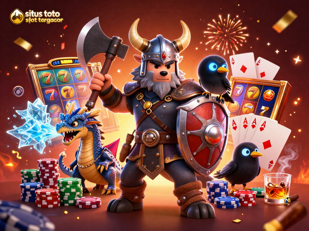 Experience thrilling wins with situs toto slot tergacor in this dynamic casino scene featuring a Viking warrior, dragon, and raven.