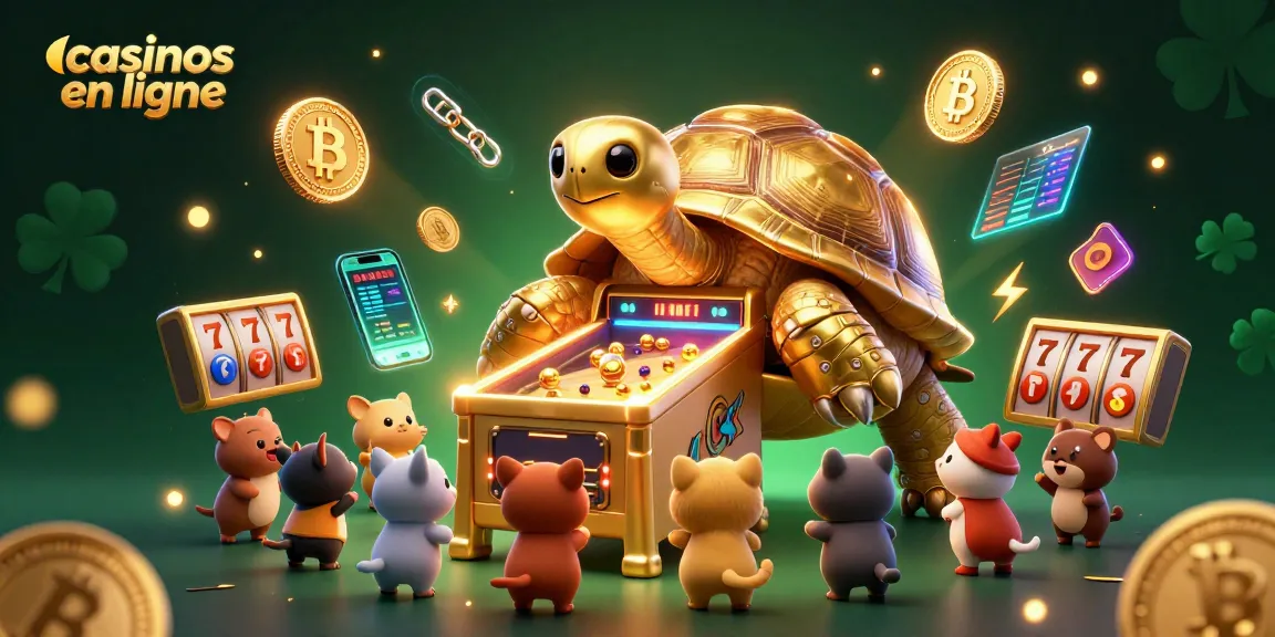 Jouez aux casinos en ligne avec cet illustrateur animé mettant en scène une tortue géante et le jeu de flipper.