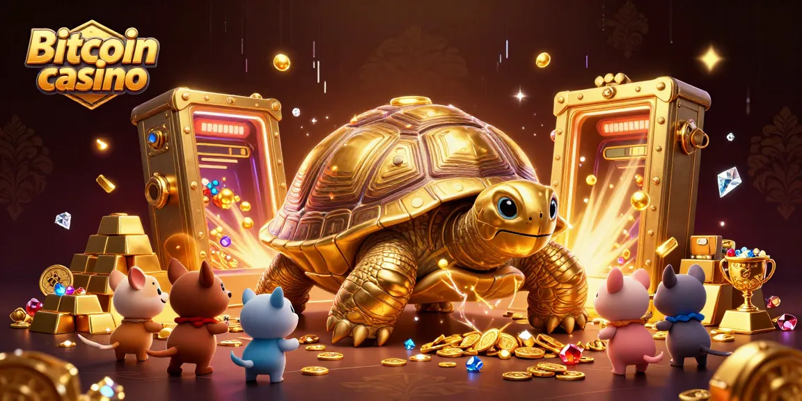 Profitez d'une expérience immersive au Bitcoin casino avec une tortue d'or et des trésors éblouissants.
