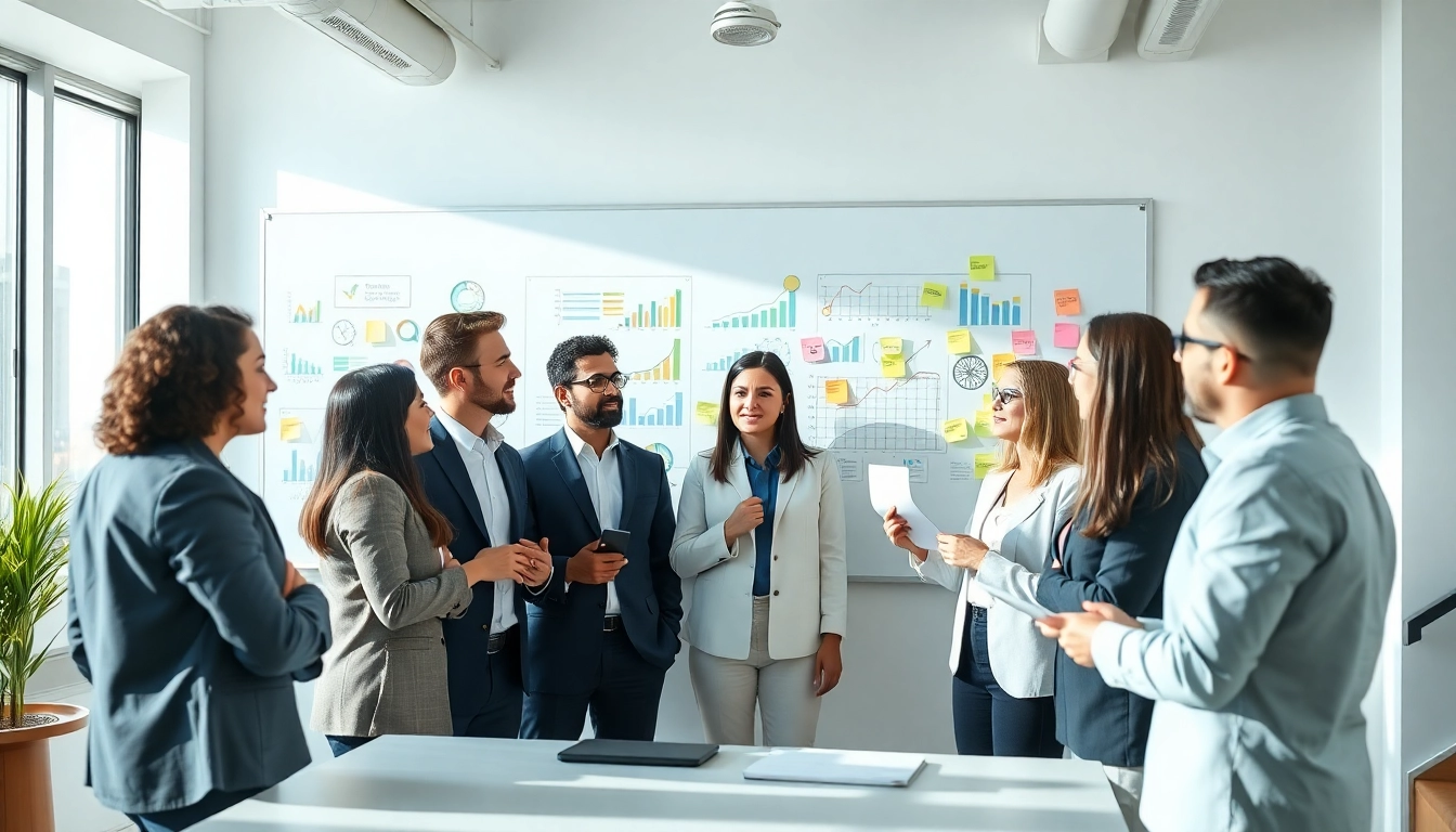 Analyze growth strategy trends with a diverse team in a modern office setting.