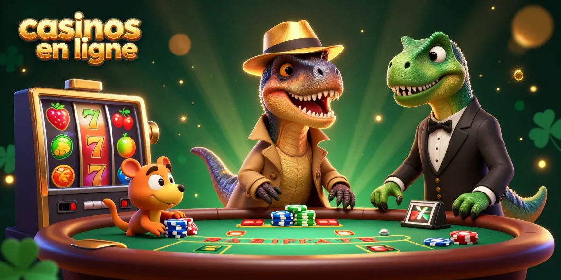 Jouez dans les casinos en ligne avec un vélociraptor élégant à la table de blackjack, entouré de jackpots et de fruits chanceux.