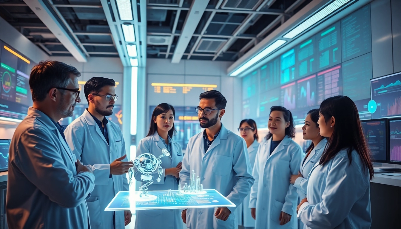 AI image prompt generator in a futuristic lab, with diverse scientists and digital interfaces.