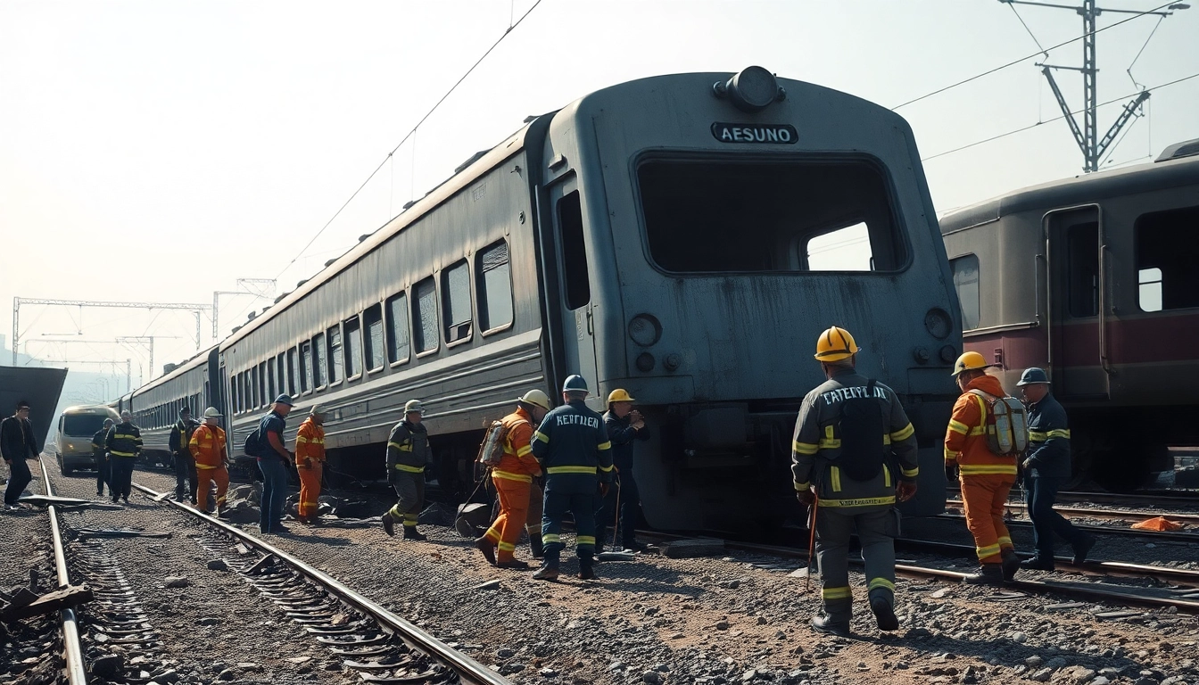 Spain train crash scene with emergency responders assisting in rescue operations.