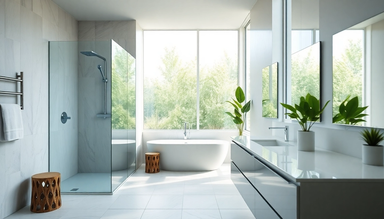 Elegant bathroom featuring sunney shower doors that offer a modern aesthetic and natural lighting.