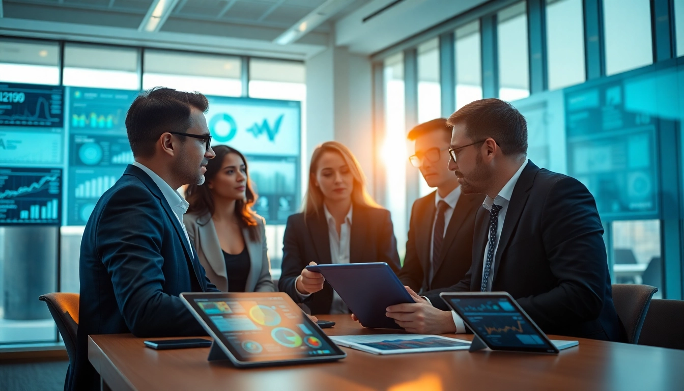 Engaging professionals using AI for competitor analysis to gain strategic insights in a modern office.