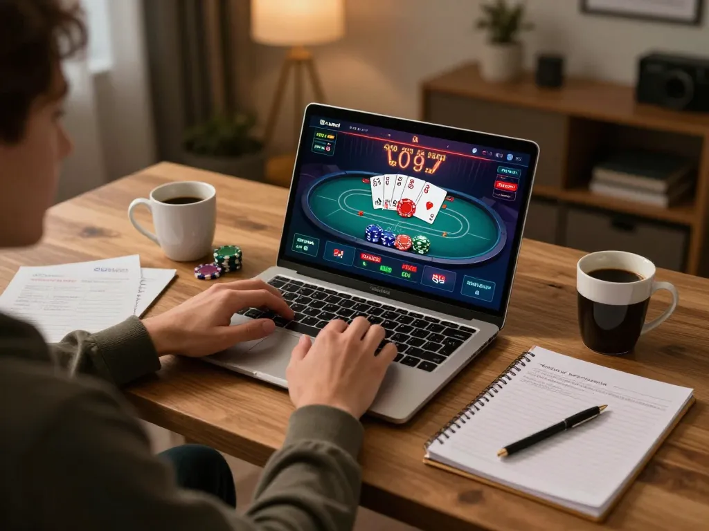 FAFA828 player strategizing while enjoying live poker game at home with laptop setup