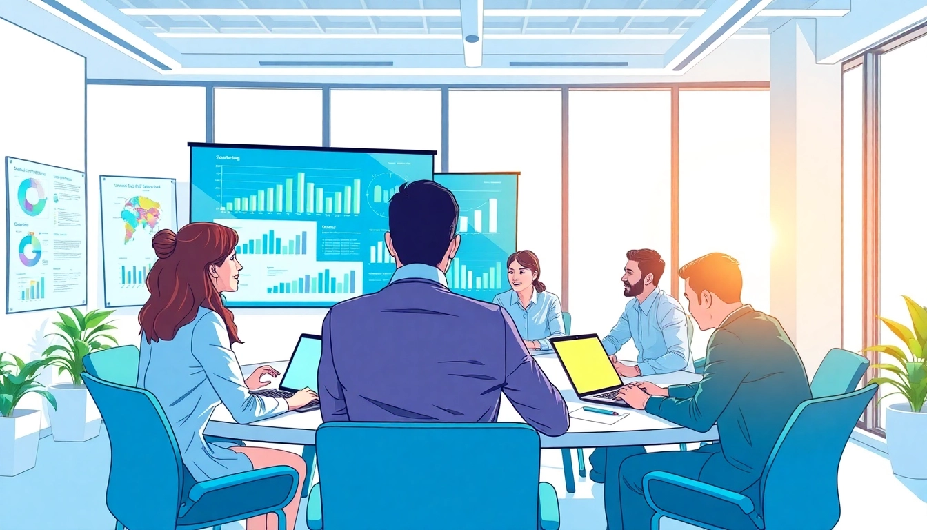Illustration of an Acquisition Planning/Strategy Capture Management session with diverse professionals collaborating in a bright setting.