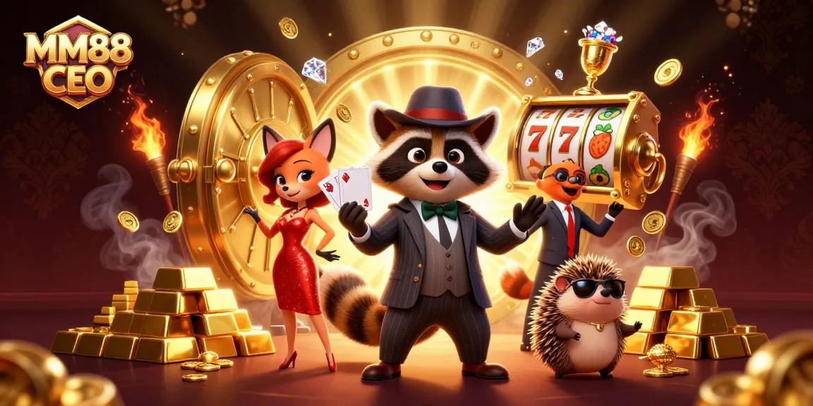 Win at MM88 CEO with this vibrant illustration of a suave raccoon, stylish fox, and hedgehog amidst golden casino treasures.