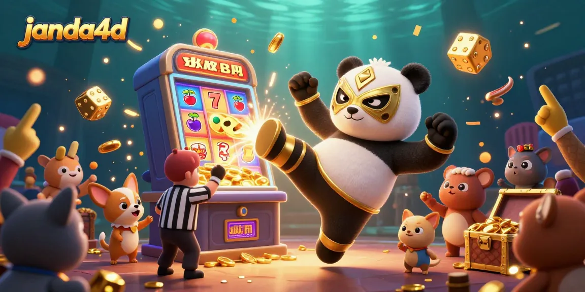 janda4d menampilkan ilustrasi kasino yang dinamis dengan panda pegulat beraksi dan simbol slot berkilau.